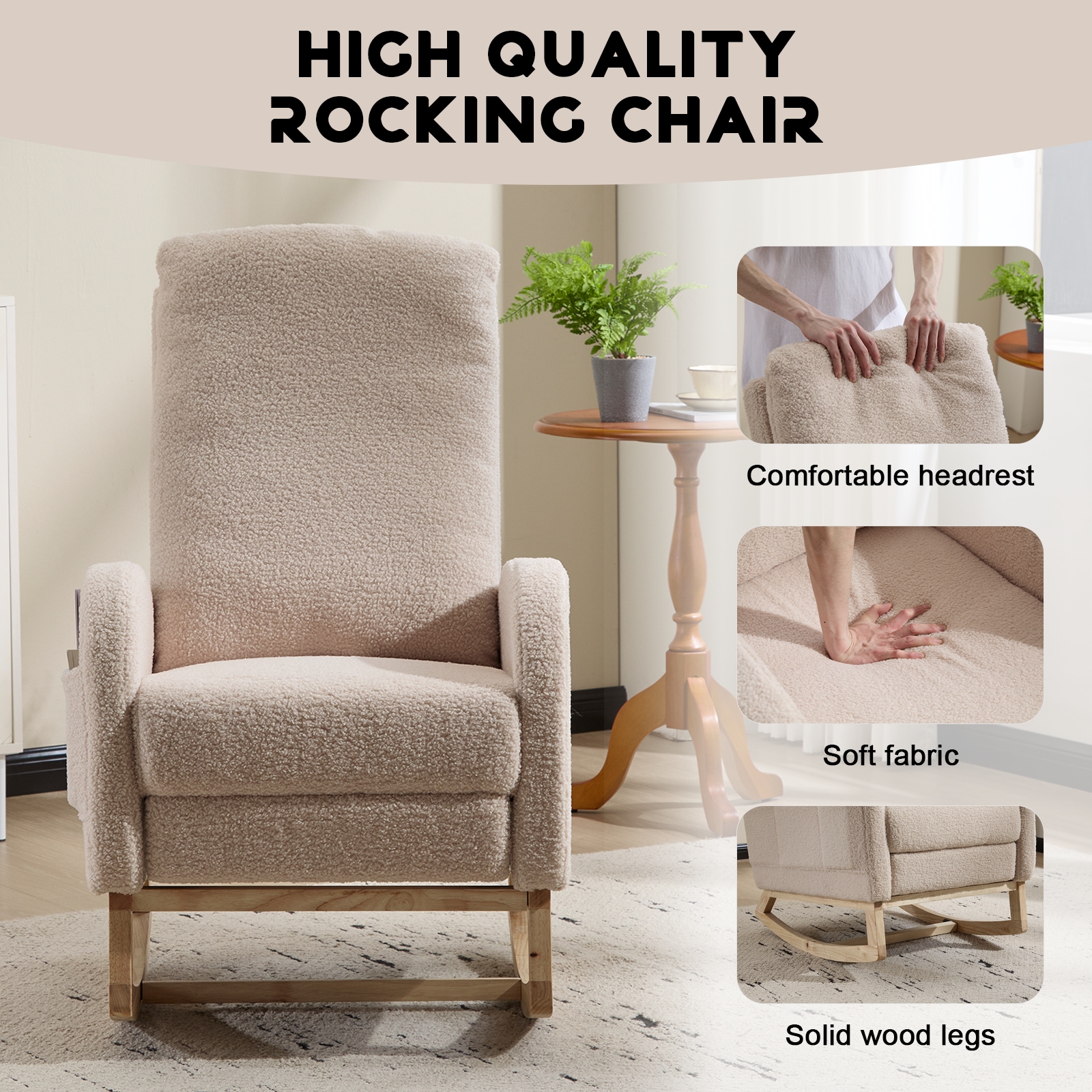 Modern Accent Rocking Chair Rocking Chair With Solid Wood Legs, Upholstered Nursery Glider Rocker, Comfy Armchair With Side Pocket, Living Room Lounge Arm Chair With High Backrest (Beige,teddy)_voghion.com